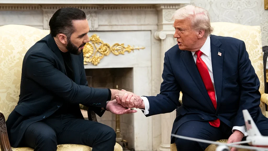 April 14, 2025 – Washington, D.C.
U.S. President Donald J. Trump welcomes El Salvador President Nayib Bukele with a formal handshake during a high-level meeting inside the Oval Office at the White House. The diplomatic visit underscores strengthened bilateral relations between the United States and El Salvador, focusing on regional security, trade, and immigration reform.
📸 Photo Credit: Al Drago / The Washington Post via Getty Images